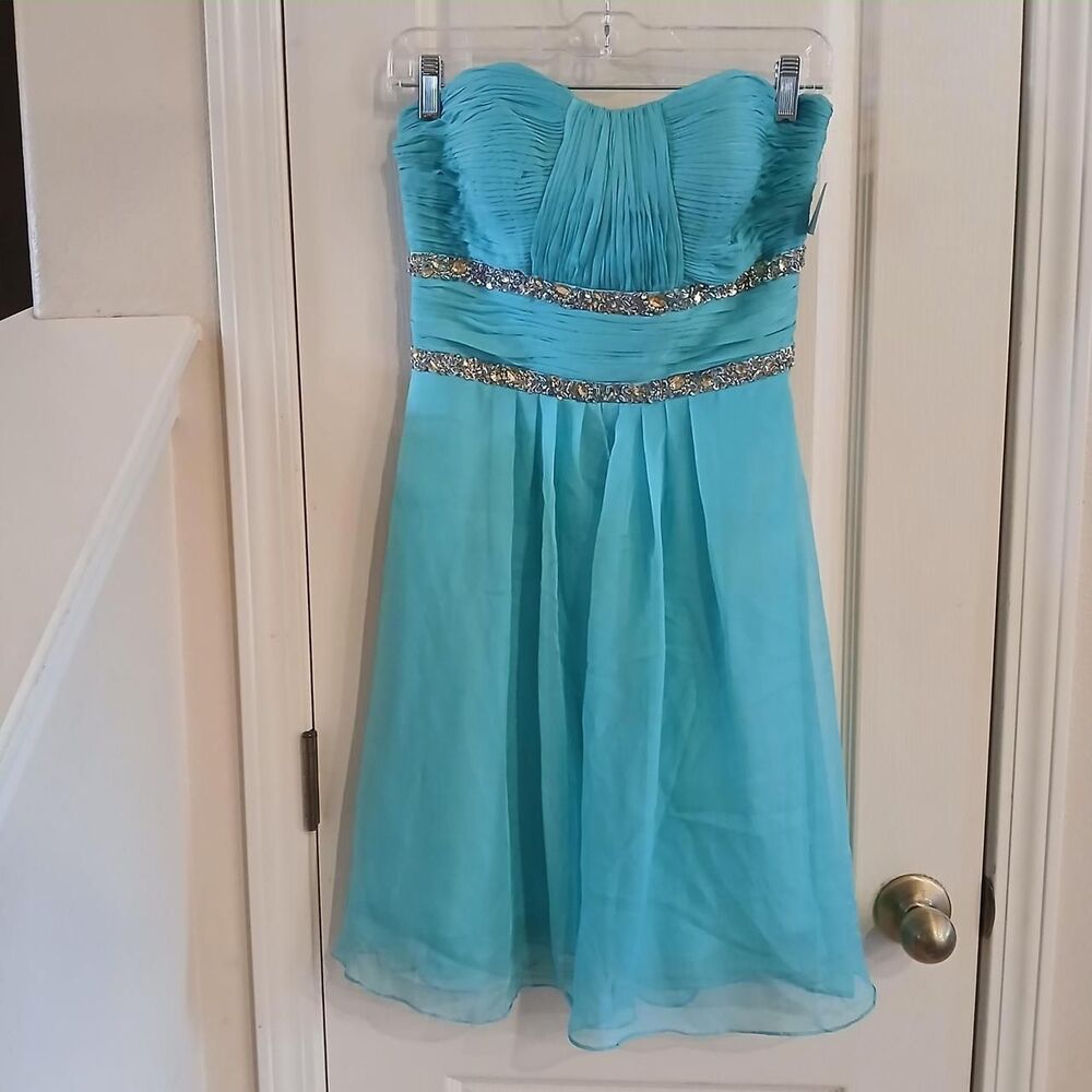 NWT 80s VTG Teal Strapless Chiffon Mini Dress Sweetheart Neck Bling Empire waist